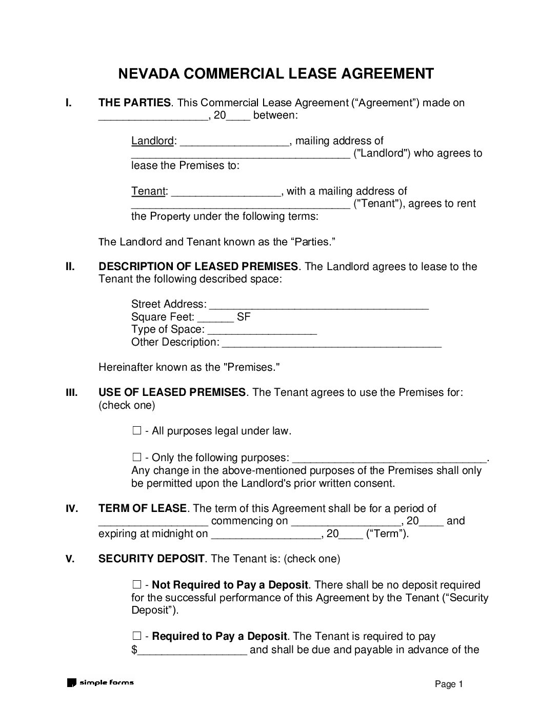 Nevada Standard Commercial Lease Agreement Templates Simple Forms PDF