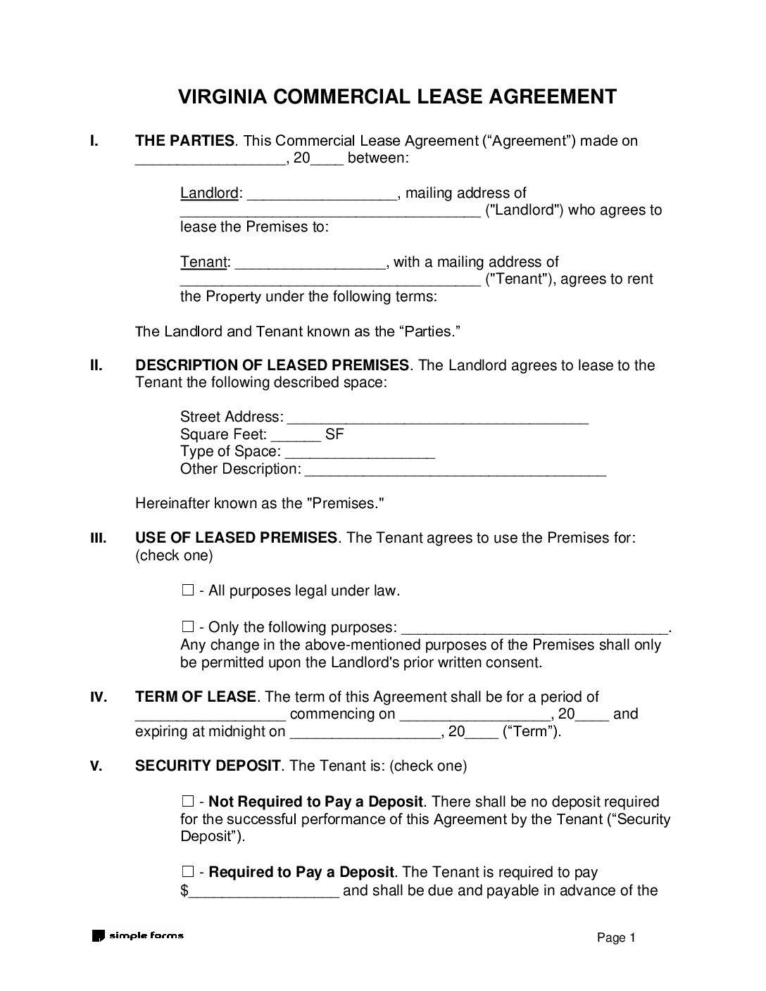 Virginia Standard Commercial Lease Agreement Templates Simple Forms PDF