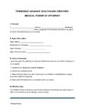 Tennessee Advance Healthcare Directive pdf Tennessee Advance Directive Medical Power of Attorney Form