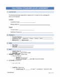 A lease agreement template titled California Standard Lease Agreement with fill-in-the-blank sections for landlord, tenant, property address, lease dates, security deposit, and late fee details. Page 1 of 33.