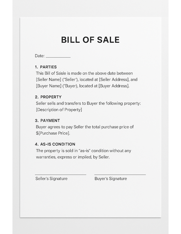 Fillable bill of sale template for private sales including fields for buyer, seller, item details, and signatures