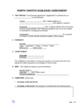 A North Dakota Sublease Agreement Template featuring blank fields for tenant, subtenant, property address, lease period, rental amount, and furniture details. The agreement includes checkboxes and fillable sections. Page 1 of 6.