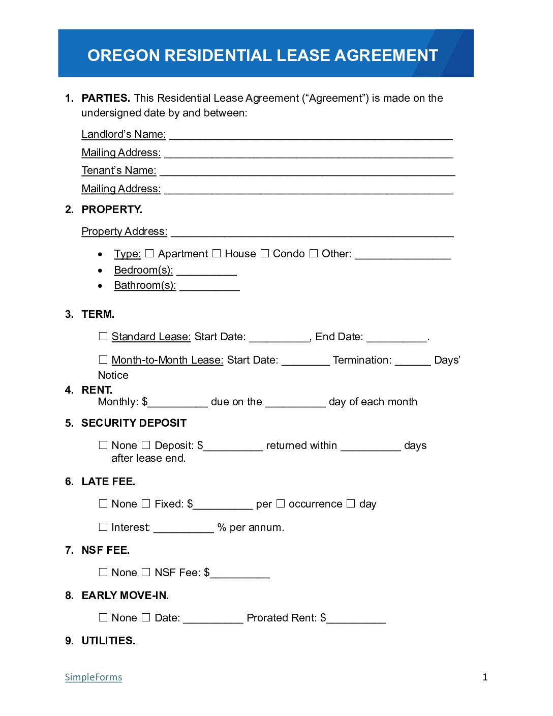 Oregon Rental Lease Agreement Template