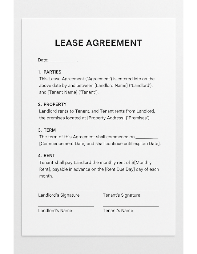 Printable lease agreement template with blank sections for tenant, landlord, rent details, and property address