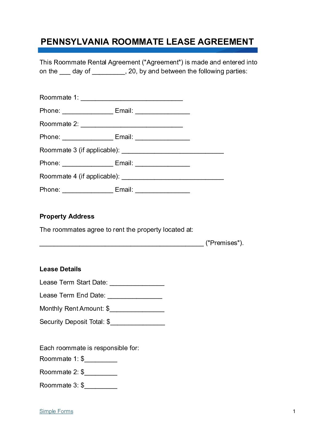 Pennsylvania Room Rental Lease Agreement Template