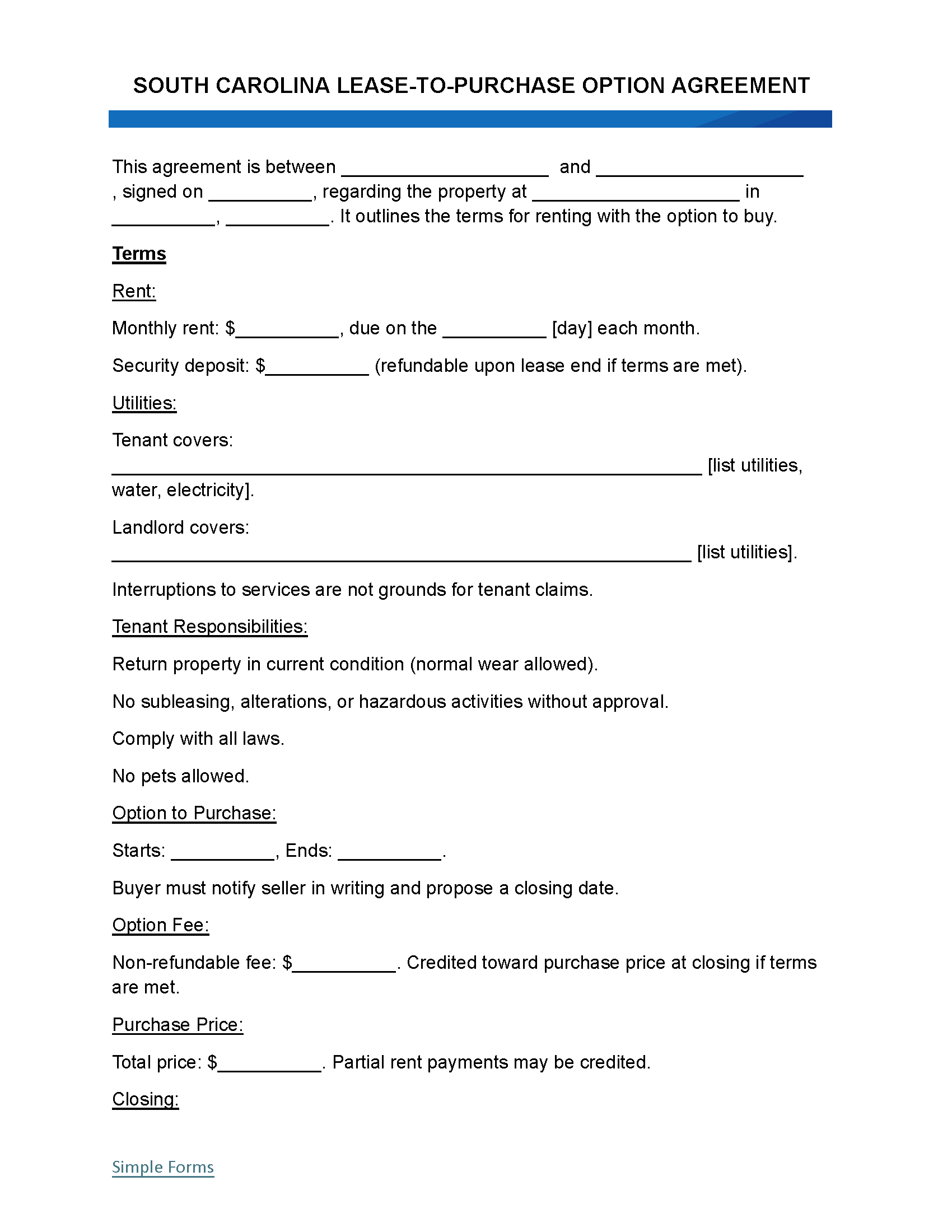 South Carolina Rent-to-Own Rental Lease Agreement Template