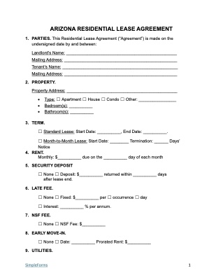 Arizona Rental Lease Agreement Sample - Simple Forms
