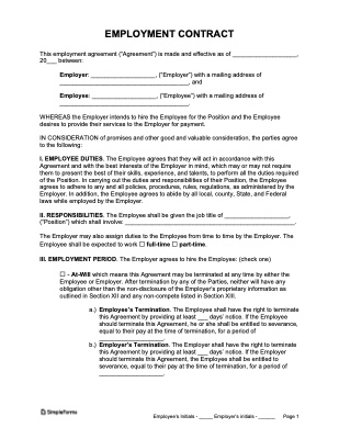 Employment Job Contract Template Sample - Simple Forms
